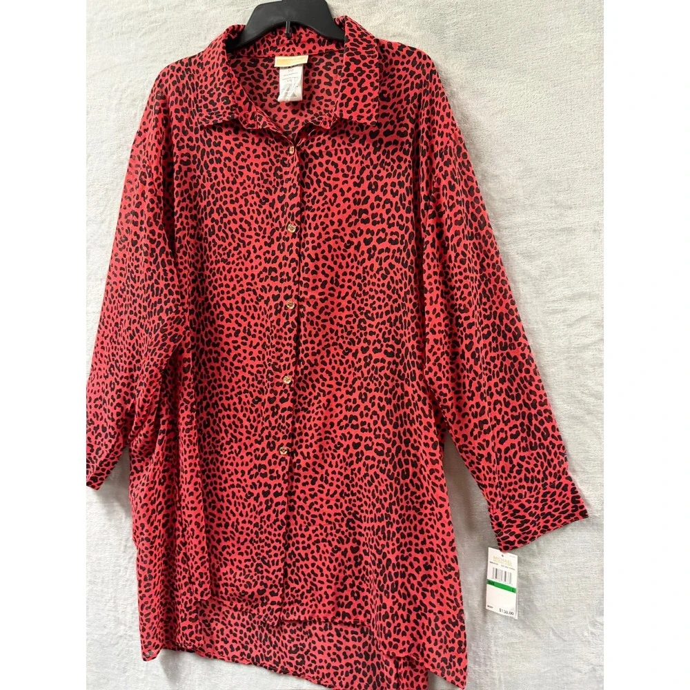 Michael Kors Women's Animal-Print Red Sheer Cover-Up Shirt Size L $130 NWT